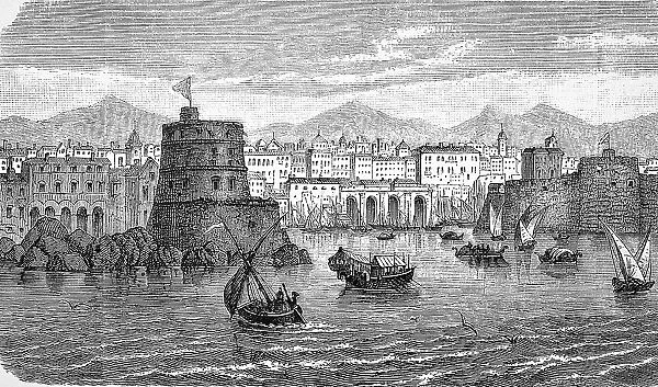 Civitavecchia, port city near Rome, Italy, in 1879, Historic, digitally restored reproduction of an original 19th-century artwork