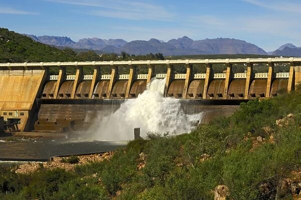 Clanwilliam Dam on the Olifants River with open flood gates, Clanwilliam, Western Cape, South Africa, Africa