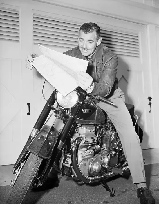 Framed Print : Clark Gable on Motorcycle Reading Map Framed Print : Clark Gable on Motorcycle Reading Map
