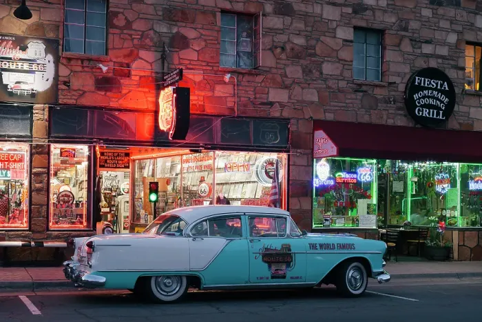 Framed Print : Classic car and neon signs in Williams at night along Route 66 Framed Print : Classic car and neon signs in Williams at night along Route 66