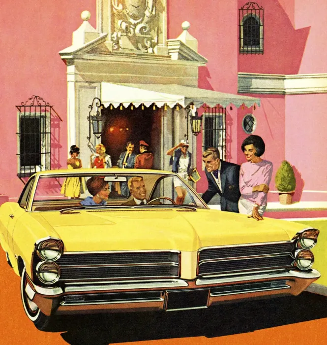 Framed Print : Classic Yellow Car and Happy People Framed Print : Classic Yellow Car and Happy People
