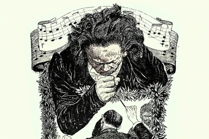 Framed Print : Classical music. Ludwig van Beethoven, looming over a conductor, German Art Nouveau, 1890s, 19th Century Framed Print : Classical music. Ludwig van Beethoven, looming over a conductor, German Art Nouveau, 1890s, 19th Century
