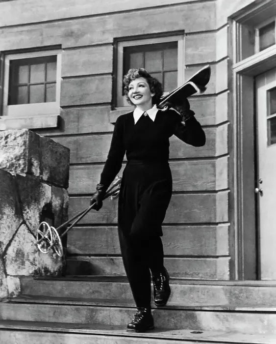Framed Print : Claudette Colbert Carrying Ski Equipment Framed Print : Claudette Colbert Carrying Ski Equipment