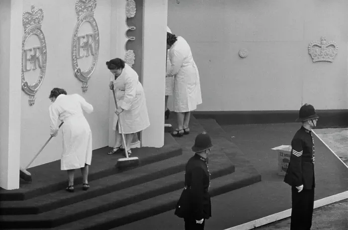Framed Print : Cleaners Sweeping Steps At Westminster Annexe
