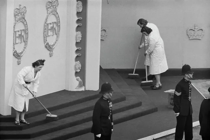 Framed Print : Cleaners Sweeping Steps At Westminster Annexe Framed Print : Cleaners Sweeping Steps At Westminster Annexe