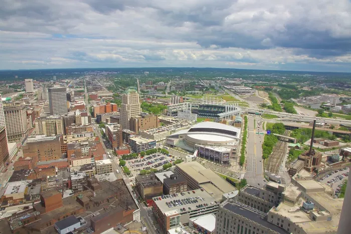 Framed Print : Cleveland city view with baseball and basketball stadiums Framed Print : Cleveland city view with baseball and basketball stadiums
