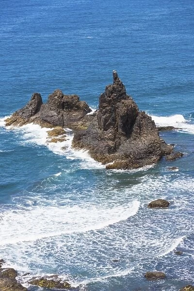 Cliffs in the Anaga Mountains with the Playa de Roque de las Bodegas beach, Almaciga, Almaciga, Tenerife, Canary Islands, Spain