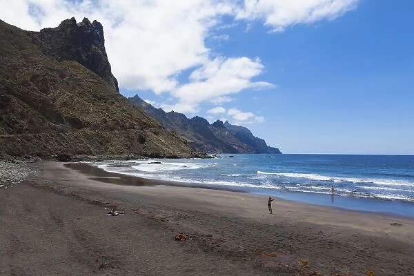 Cliffs in the Anaga Mountains with the Playa de Roque de las Bodegas beach at the village of Taganana, Almaciga, Almaciga, Tenerife, Canary Islands, Spain