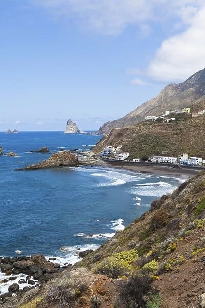 Cliffs in the Anaga Mountains with the Playa de Roque de las Bodegas beach at the village of Taganana, Almaciga, Almaciga, Tenerife, Canary Islands, Spain