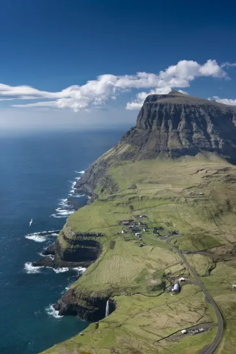 Framed Print : Cliffs and a small village, Gasadalur, Vagar, Faroe Islands, Denmark Framed Print : Cliffs and a small village, Gasadalur, Vagar, Faroe Islands, Denmark