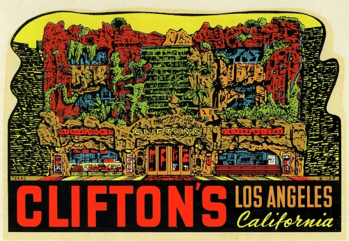 Framed Print : Clifton's. USA - 1948: A decal for Clifton's in Los Angeles, California from 1948 in USA Framed Print : Clifton's. USA - 1948: A decal for Clifton's in Los Angeles, California from 1948 in USA