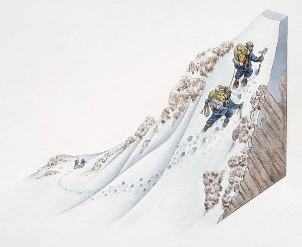 Two climbers with backpacks climbing snowy mountain-side using mallets, section