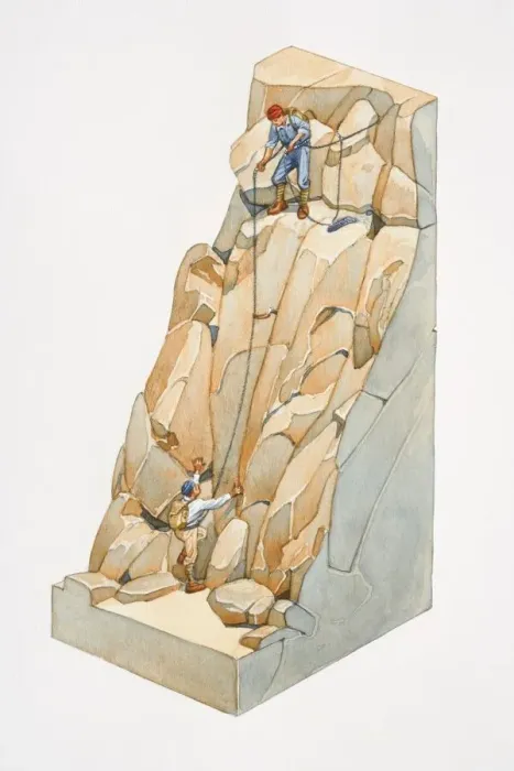 Framed Print : Two climbers climbing rocks on mountain side, the leader pausing for his partner to ascend, section Framed Print : Two climbers climbing rocks on mountain side, the leader pausing for his partner to ascend, section