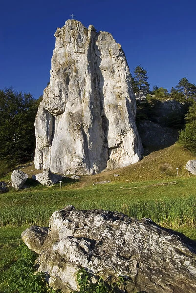 Climbers paradise and nature adventure Burgsteinfelsen, rock formation, Altmuehltal, near Dollnstein, Bavaria, Germany, Europe