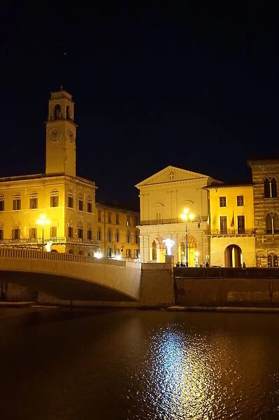 Clock Tower, Bridge and Arno River, Pisa, Italy