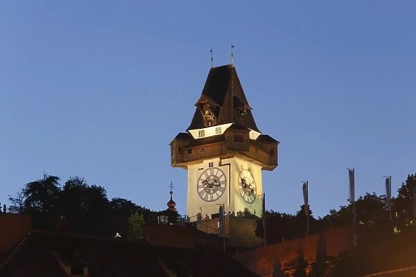 Clock tower on Schlossberg, castle hill, Graz, Styria, Austria, Europe