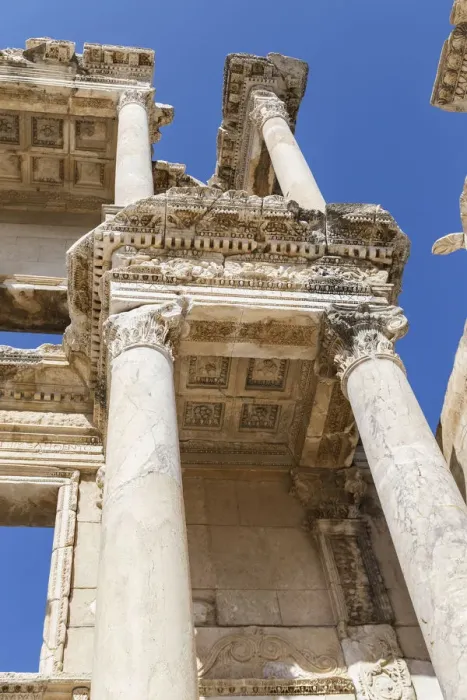 Framed Print : A close up cropped low angle view of the Library of Celsus at the Ephesus ancient city historic site Framed Print : A close up cropped low angle view of the Library of Celsus at the Ephesus ancient city historic site
