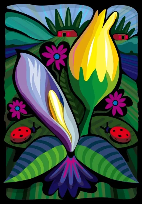 Framed Print : Closeup of Blooming Flowers in Landscape Illustration Framed Print : Closeup of Blooming Flowers in Landscape Illustration