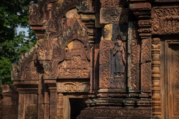 Framed Print : Closeup of the details of Banteay Srei the pink temple of ancient Khmer Framed Print : Closeup of the details of Banteay Srei the pink temple of ancient Khmer