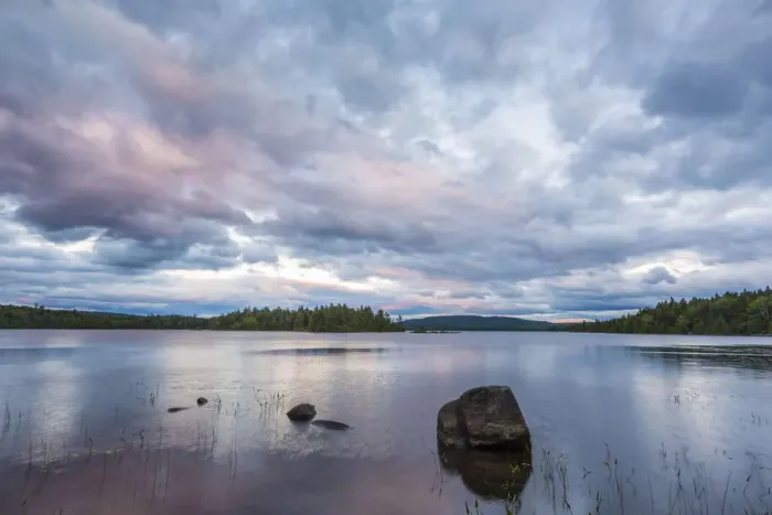 Framed Print : Clouds over Bald Mountain Pond and Northern Forest, Appalachian Trail, Bald Mountain Township, Maine, USA