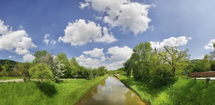 Framed Print : Clouds over the old Ludwig Canal or Ludwig-Donau-Main-Kanal with flowering fruit trees, Naturpark Altmuehltal nature forest, Bavaria, Germany, Europe Framed Print : Clouds over the old Ludwig Canal or Ludwig-Donau-Main-Kanal with flowering fruit trees, Naturpark Altmuehltal nature forest, Bavaria, Germany, Europe
