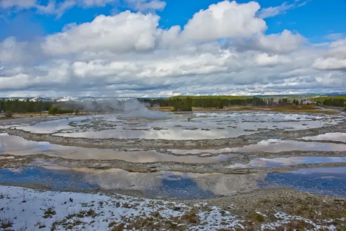 Framed Print : Clouds reflecting in Firehole Lake, Yellowstone National Park, Wyoming, USA