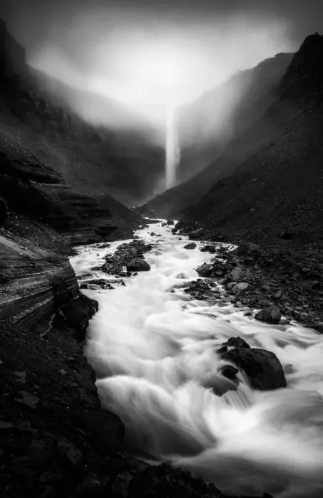 Framed Print : Cloudy day at Hengifoss in black and white