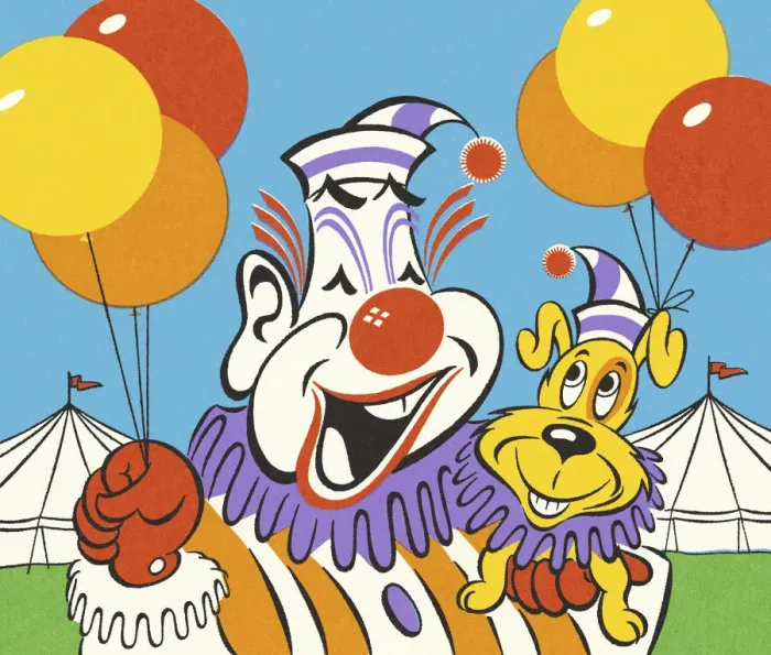 Framed Print : Clown with Circus Dog and Balloons Framed Print : Clown with Circus Dog and Balloons