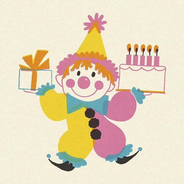Clown Holding a Birthday Cake and Present