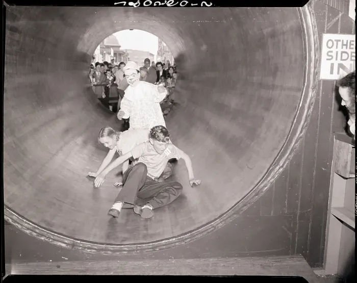 Framed Print : Clown and Kids in Rolling Barrel Framed Print : Clown and Kids in Rolling Barrel