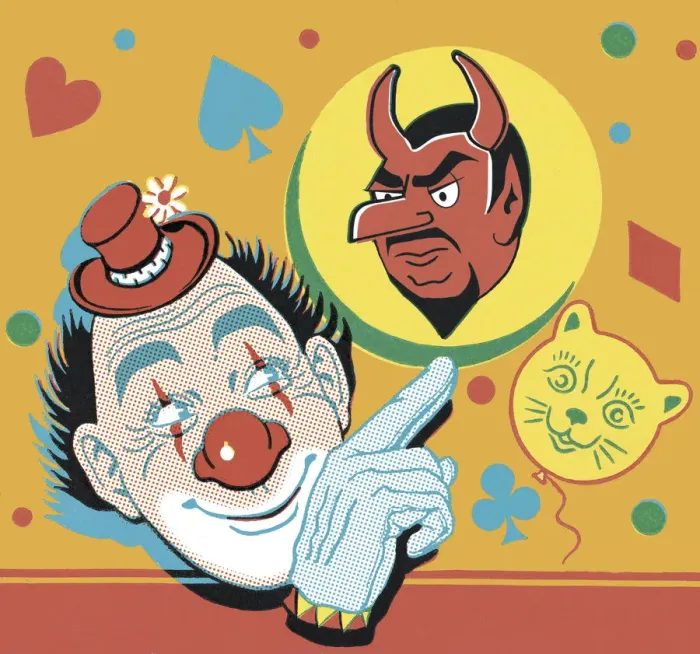 Framed Print : Clown Pointing to a Devil Framed Print : Clown Pointing to a Devil