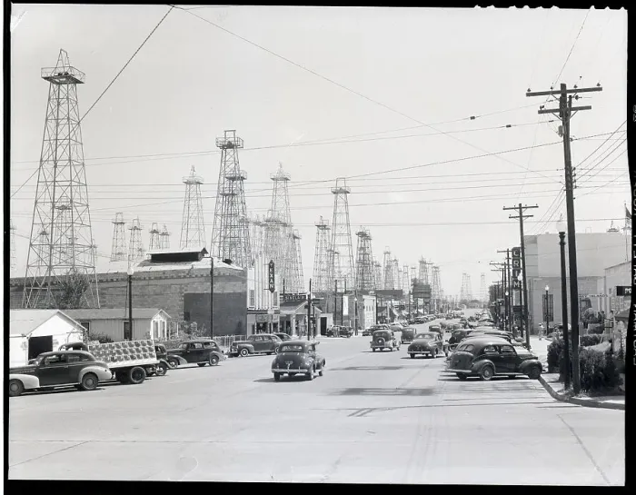 Framed Print : Clusters Of Oil Derricks Along Street Framed Print : Clusters Of Oil Derricks Along Street