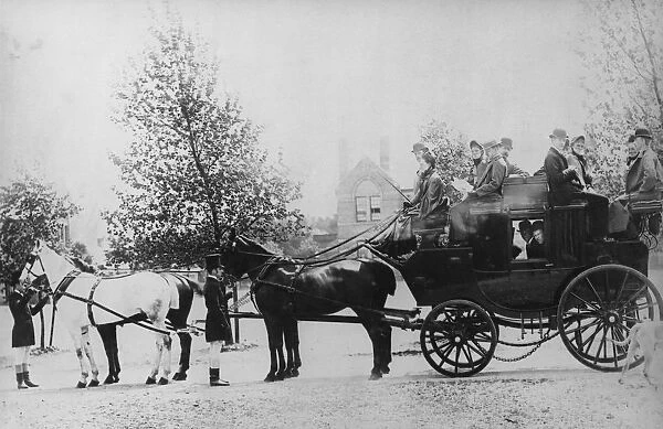 Coach And Four. A mail coach and passengers, 1884. (Photo by Hulton Archive / Getty Images)