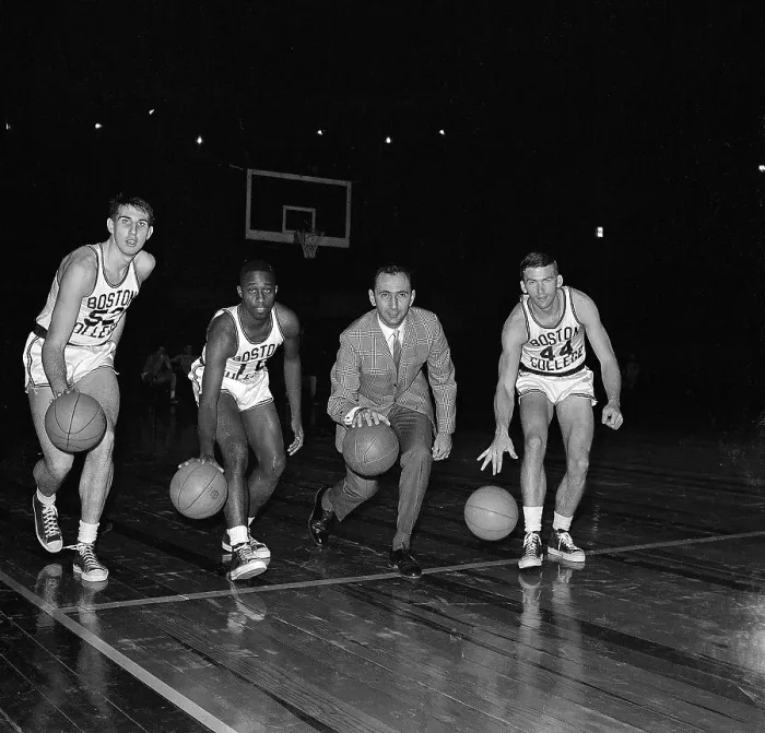 Framed Print : Coach Bob Cousy with Boston College Basketball Players Framed Print : Coach Bob Cousy with Boston College Basketball Players