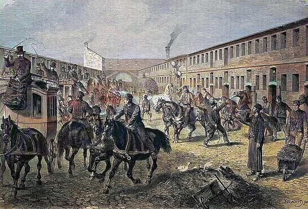 Coach depot in Berlin, Germany, historical woodcut, circa 1870, digitally restored reproduction of an original 19th century print, exact original date unknown, coloured