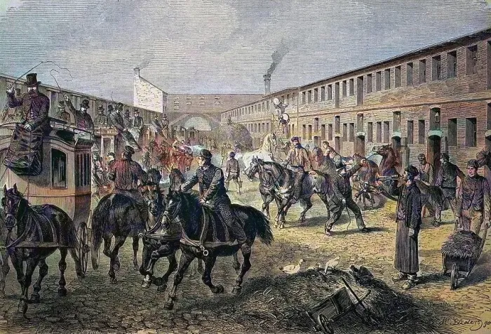 Framed Print : Coach depot in Berlin, Germany, historical woodcut, circa 1870, digitally restored reproduction of an original 19th century print, exact original date unknown, coloured Framed Print : Coach depot in Berlin, Germany, historical woodcut, circa 1870, digitally restored reproduction of an original 19th century print, exact original date unknown, coloured