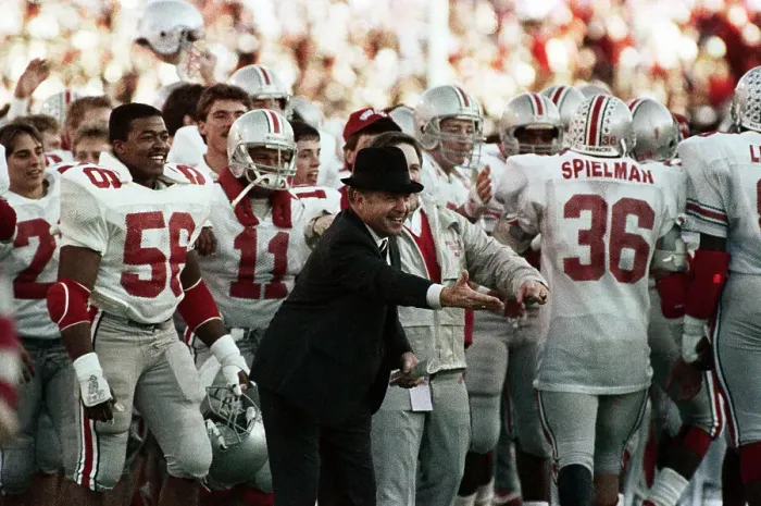 Framed Print : Coach Earle Bruce Congratulating His Football Team Players Framed Print : Coach Earle Bruce Congratulating His Football Team Players