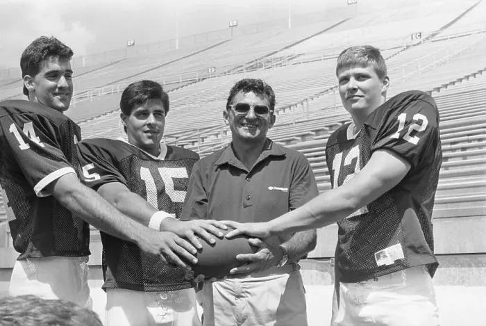 Framed Print : Coach Joe Paterno with Three Quarterback Hopefuls Framed Print : Coach Joe Paterno with Three Quarterback Hopefuls