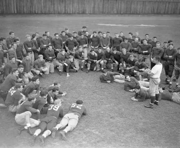 Framed Print : Coach Lynn Waldorf Talking to Squad of Recruits for Football Team Framed Print : Coach Lynn Waldorf Talking to Squad of Recruits for Football Team