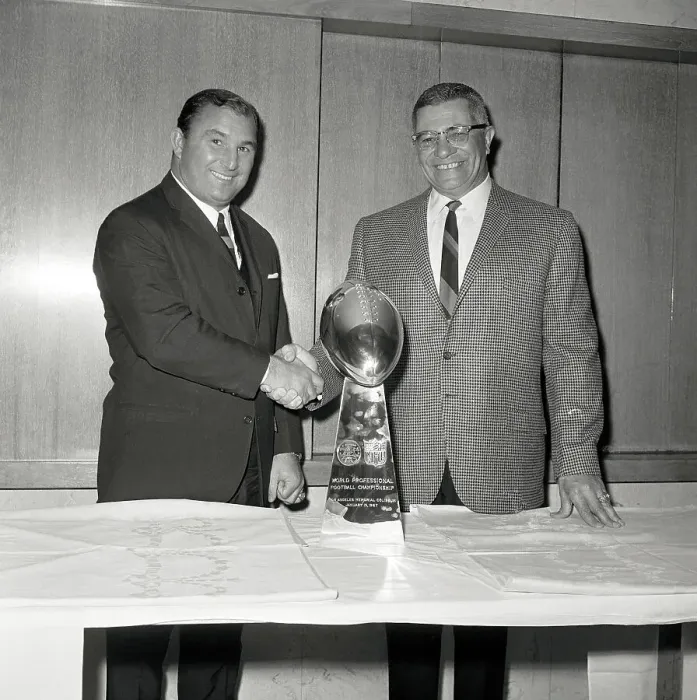 Framed Print : Coach Vince Lombardi Shaking Hands with Hank Stram Framed Print : Coach Vince Lombardi Shaking Hands with Hank Stram