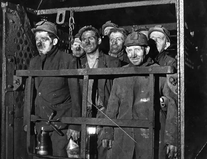 Framed Print : Coal Lift. January 1947: A group of coal miners in the lift at a mine Framed Print : Coal Lift. January 1947: A group of coal miners in the lift at a mine