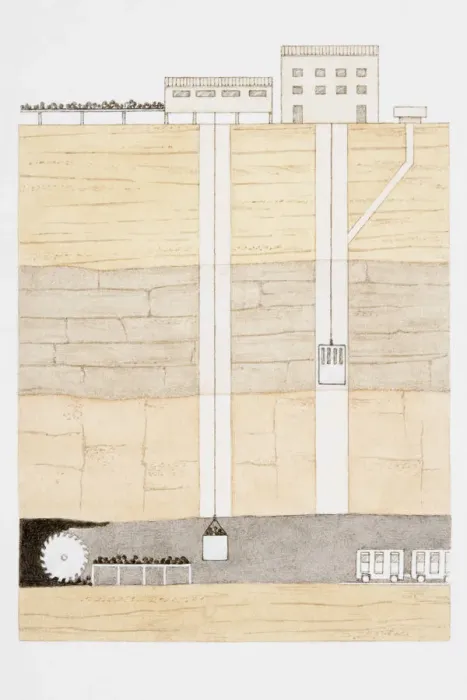 Framed Print : Coal mine showing two shafts, coal miners lift, and lift to transport coal to surface, diagram