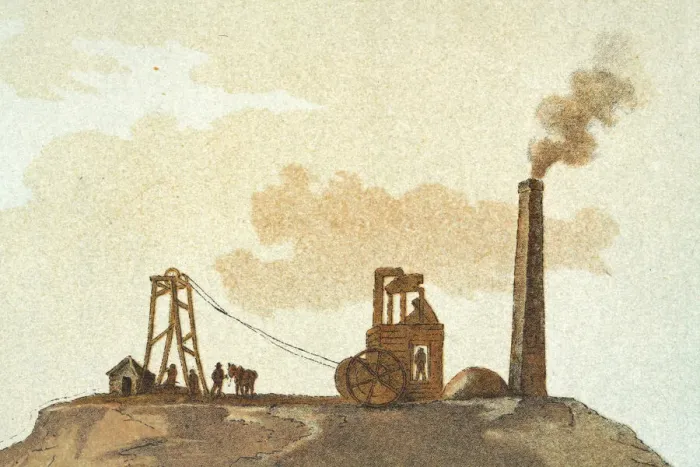 Framed Print : Coal mine workings, and Chimney, Leeds, Yorkshire, early 19th Century Framed Print : Coal mine workings, and Chimney, Leeds, Yorkshire, early 19th Century