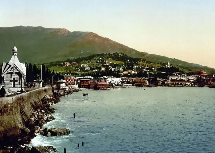 Framed Print : Coastal Panorama, Boulevard, Gurzuf, Street, Yalta, Crimea, Russia, Ukraine, c. 1890, Historic, digitally enhanced reproduction of a photochrome print of the period Framed Print : Coastal Panorama, Boulevard, Gurzuf, Street, Yalta, Crimea, Russia, Ukraine, c. 1890, Historic, digitally enhanced reproduction of a photochrome print of the period