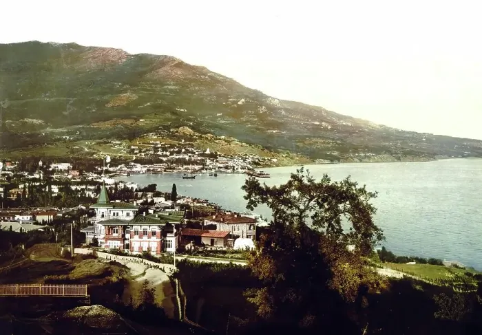 Framed Print : Coastal Panorama, Roads, Street, Yalta, Crimea, Russia, Ukraine, c. 1890, Historic, digitally enhanced reproduction of a photochromic print of the period