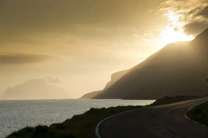 Framed Print : Coastal road, sea and clouds, evening mood, backlighting, Mykines Island at the rear, Mykines, Faroe Islands, Denmark Framed Print : Coastal road, sea and clouds, evening mood, backlighting, Mykines Island at the rear, Mykines, Faroe Islands, Denmark