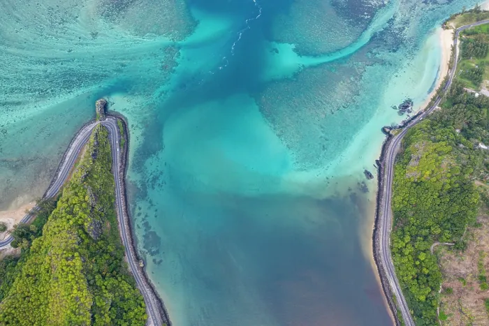 Framed Print : Coastal road along turquoise lagoon, aerial view, Baie Du Cap, Mauritius Framed Print : Coastal road along turquoise lagoon, aerial view, Baie Du Cap, Mauritius