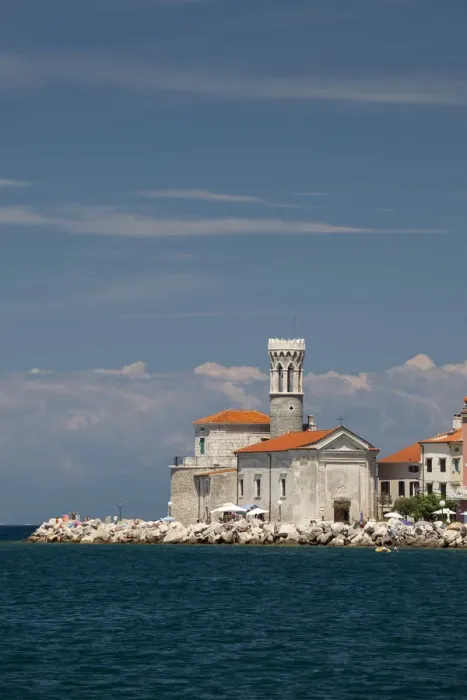 Framed Print : Coastline with the Church of Our Lady of Health, St. Clement Church, and the lighthouse, Piran, Istria, Slovenia