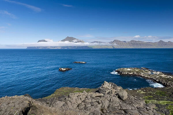 Coastline, Kalsoy island at back, Djupini, Gjogv, Eysturoy, Faroe Islands, Denmark