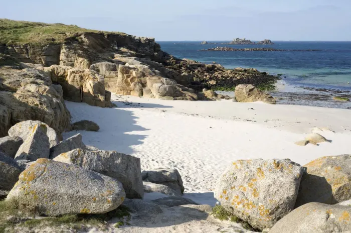 Framed Print : Coastline with a sandy beach and rocks at Plouarzel, Departement Finistere, Brittany, France, Europe
